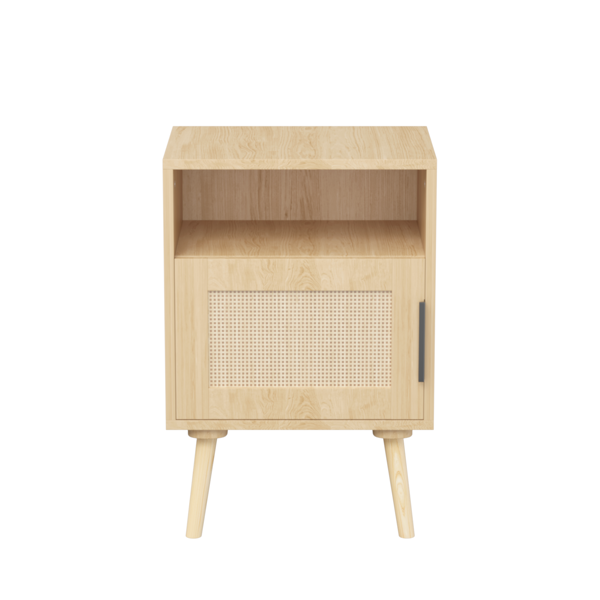 22.83'' H Rattan Nightstand, Side Table with Door Open Shelf,  Accent Bedside End Table with Solid Wood Legs for Bedroom, Dorm and Small Spaces, Oak-13