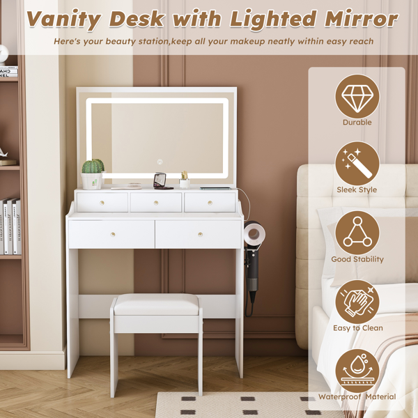 New Large Mirror Vanity Desk for Bed room  , Modern Makeup Vanity Set with Power Outlet and Hair dryer holder, 5 Drawers , 3 Lighting Color Adjustable Dressing Table for Bedroom, White Color-9