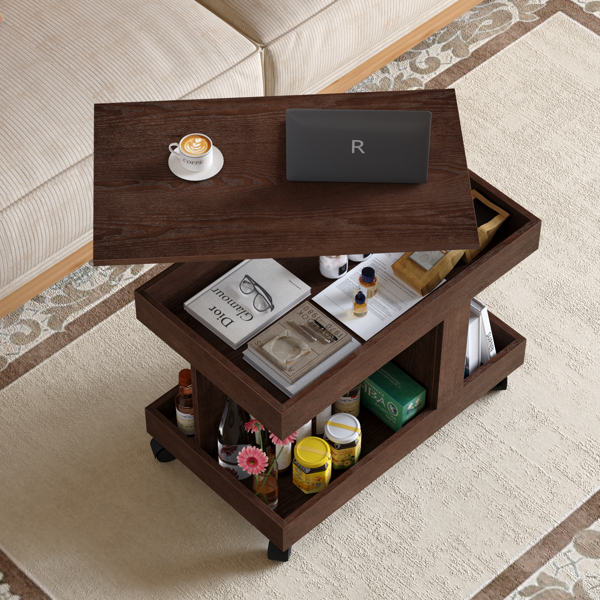 Small Coffee Table with Wheels, 360° Rotating Desktop Multi-Functional Side Table, Rolling End Table with Storage Compartment, Mobile Bedside Table for Living Room Bedroom Home Furniture, Walnut-4