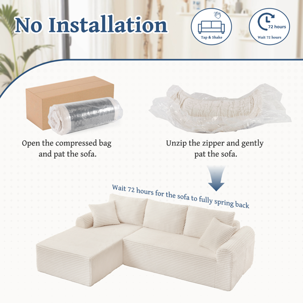 Full-Compression Chaise Lounge Set – Modular Corduroy Sectional with Arched Armrests, Non-Slip Base, Includes 3 Back Cushions & 2 Throw Pillows,Right chaise longue sofa-6