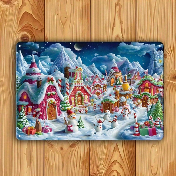 CIFbuy 1件圣诞冬日仙境马口铁画，雪屋墙饰 8x12英寸（TikTok, temu 自提物流）-6