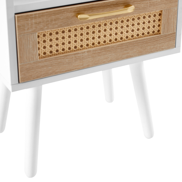 15.75" Rattan End table with  drawer and solid wood legs, Modern nightstand, side table for living room, bedroom, white-16