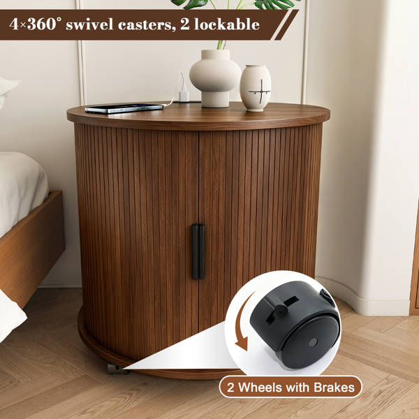 Mid Century Modern Cylinder End Table with Built-in Charging Station & Sliding Door, 2-Tier Storage Round Nightstand with USB Ports, Walnut Bedside Table for Living Room, Bedroom, Entryway-5
