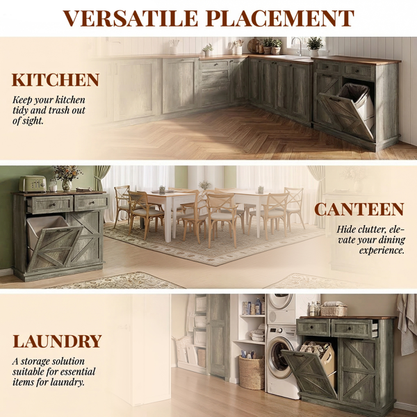 Tilt Out Trash Can Cabinet for Kitchen, Double 10-Gallon Hidden Trash Cabinet with Drawer, Farmhouse Wooden Garbage Cabinet, Dog Proof Trash Can Storage for Kitchen Laundry Living Room Office-3