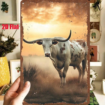 CIFbuy 复古金属招牌 长角牛画作，2D平面锡制招牌 草原落日艺术（TikTok, temu 自提物流）