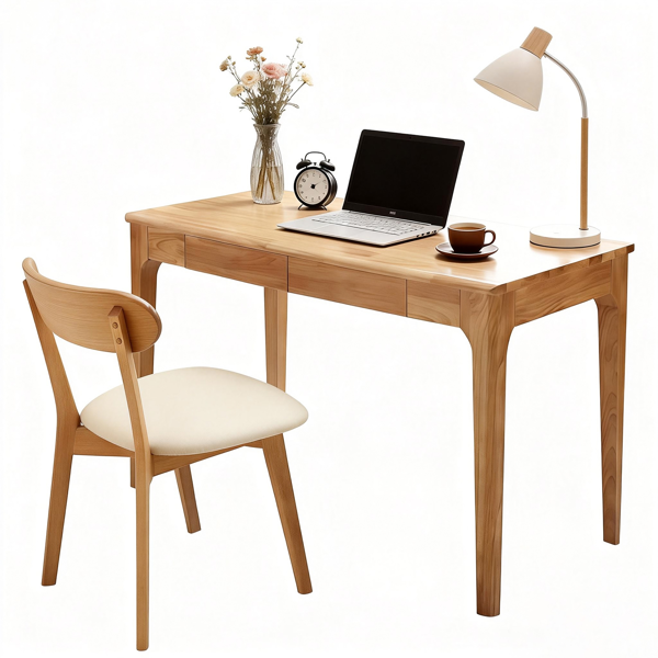 Solid Wood Desk with Drawers, Standing Desk with Smooth Edges, Home Office Desk for Small Spaces, Mid Century Modern Desk for Study, Bedroom, Living Room, Office, (Natural Wood Color)-20