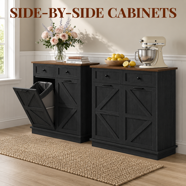 Tilt Out Trash Can Cabinet for Kitchen, Double 10-Gallon Hidden Trash Cabinet with Drawer, Farmhouse Wooden Garbage Cabinet, Dog Proof Trash Can Storage for Kitchen Laundry Living Room Office-5