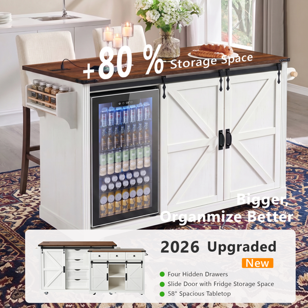 K&K 72" Farmhouse Kitchen Island with Fridge Storage Space & Power Outlet, Rolling Coffee Bar Cabinet on Wheels with 4 Drawers, Sliding Barn Door, Glass Holder, Drop Leaf, Island Kitchen Table, White-26