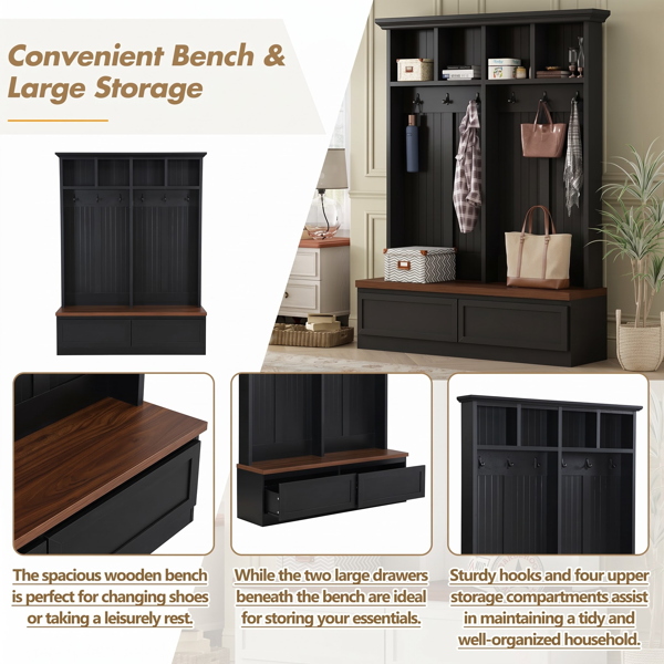 Farmhouse 4-in-1 Hall Tree with Wood Grain Bench, Mudroom Versatile Coat Rack with 2 Large Drawer, Entrance Organizer for Hallway, Living Room, Black, 55.9"W (OLD SKU: N721P313099B)-5