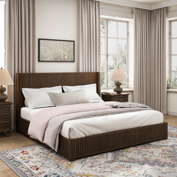 Solid Wood Platform Bed Frame with Headboard, No Box Spring Needed, Floor-standing bed, Easy Assembly, King Size, Walnut-2