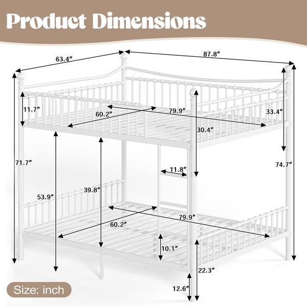 Queen over Queen Metal Bunk Bed with Unique Curved Guardrail Design, Round Tube bunk bed Frame, No Box Spring Required, Metal Bunk Bed Frame for Kids Teens,adults, White-5