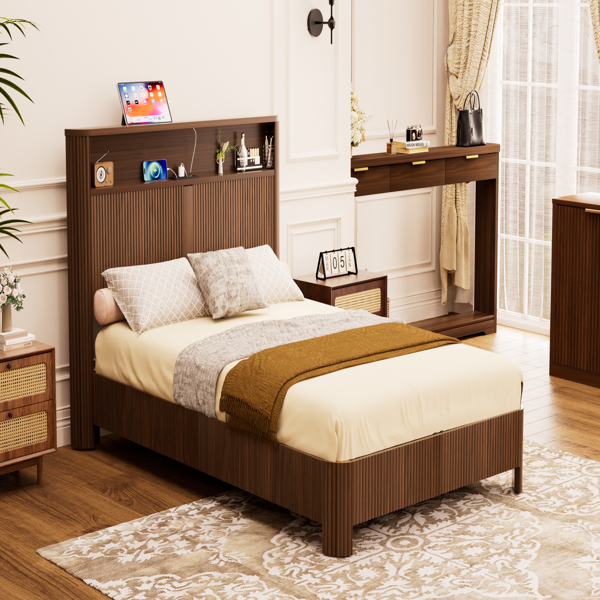 Full Extra Long(Full XL) Size bed frame with storage headboard, built-in charging station, wavy curved lines design, silent operation, metal support, Walnut-4