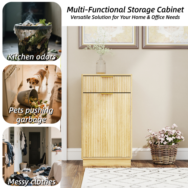10-Gallon Woodgrain Tilt-Out Trash Can Cabinet with Wave-Textured Drawer & Pull-Out Bin - Multipurpose Kitchen/Bath Organizer in Oak Finish-11