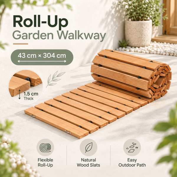 305 x 43 cmRoll-Out Wooden Walkway Mat, 1.5 cm Thick Portable Garden Pathway, Outdoor Wooden Boardwalk Path for Yard, Lawn, Beach, Patio and Camping-3
