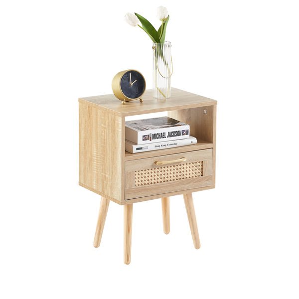 15.75" Rattan End table with  drawer and solid wood legs, Modern nightstand, side table for living room, bedroom,natural-2