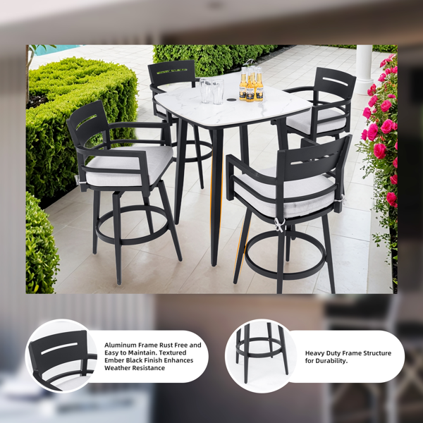 Modern Outdoor 2-Piece Swivel Bar Chairs – Aluminum Frame with Ember Black, 360° Swivel, Ergonomic Backrest & Armrests, Tapered Legs, Sunbrella Cushion, Weather-Resistant & Durable Patio Bar Stool-4
