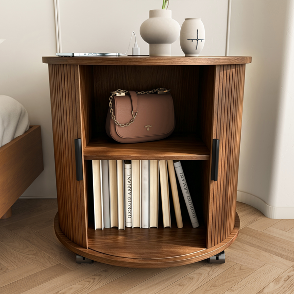 Mid Century Modern Cylinder End Table with Built-in Charging Station & Sliding Door, 2-Tier Storage Round Nightstand with USB Ports, Walnut Bedside Table for Living Room, Bedroom, Entryway-13