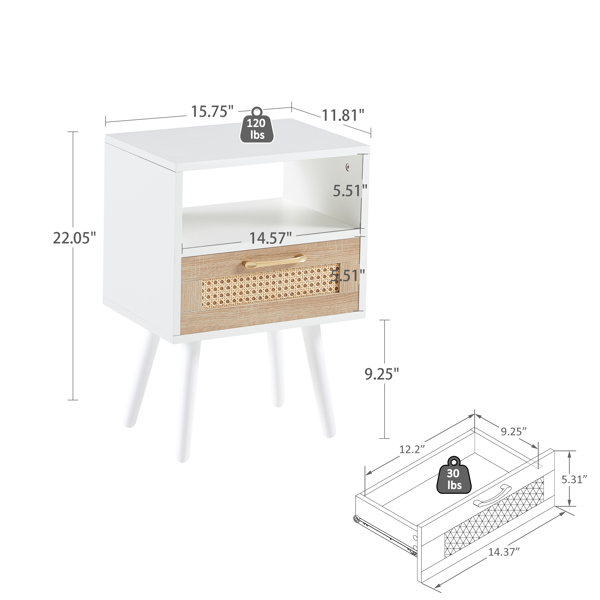15.75" Rattan End table with  drawer and solid wood legs, Modern nightstand, side table for living room, bedroom, white-4