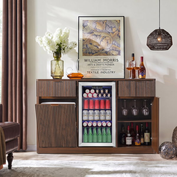 K&K 59" Coffee Bar Cabinet with Fridge Space & Tilt-Out Trash Cabinet, Mini Fridge Wine Cabinet with Storage/Charging Station, Fluted Buffet Sideboard with Glass Holder for Dining Room, Walnut Brown-26
