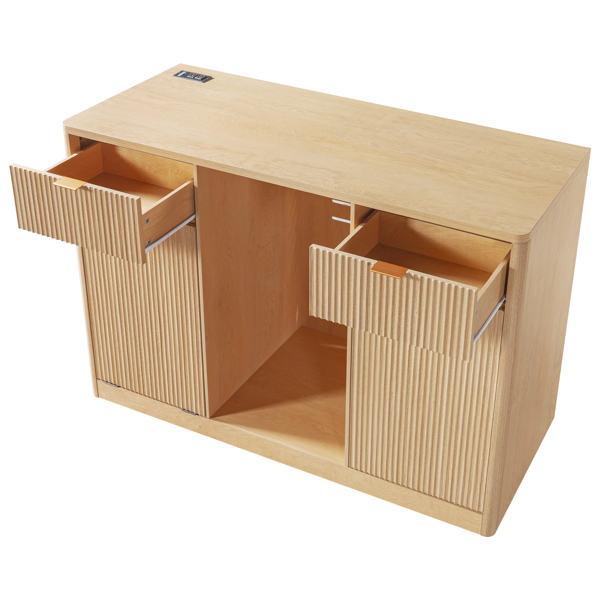 K&K 59" Coffee Bar Cabinet with Fridge Space & Tilt-Out Trash Cabinet, Mini Fridge Wine Cabinet with Storage/Charging Station, Fluted Buffet Sideboard with Glass Holder for Dining Room, Natural Oak-7