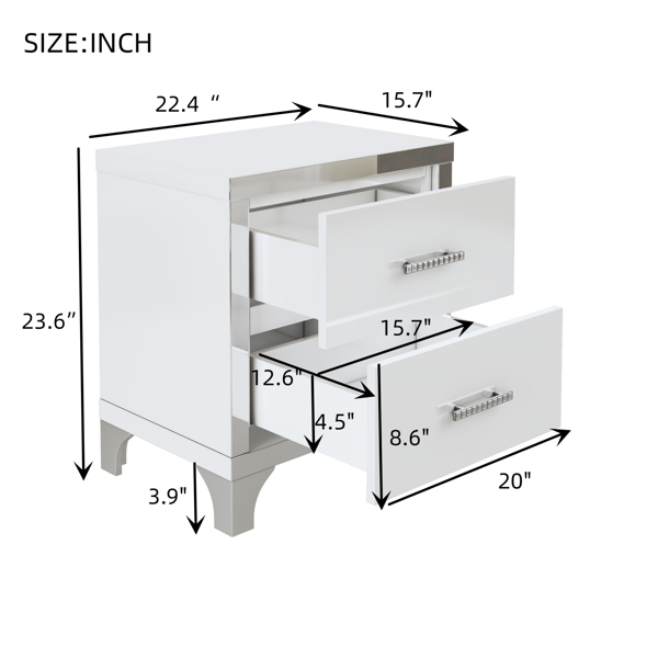 Elegant High Gloss Nightstand with Metal Handle,Mirrored Bedside Table with 2 Drawers for Bedroom,Living Room,White-8