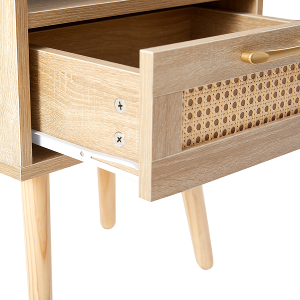 15.75" Rattan End table with  drawer and solid wood legs, Modern nightstand, side table for living room, bedroom,natural-14