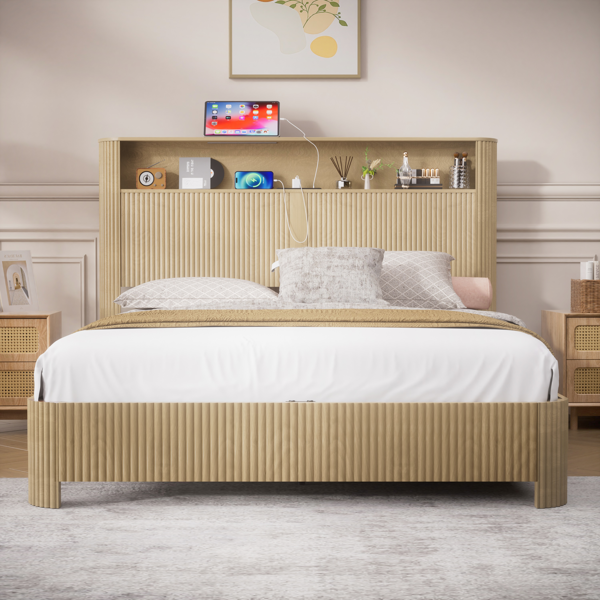 Queen Size bed frame with storage headboard, built-in charging station, wavy curved lines design, silent operation, metal support, Natural-2