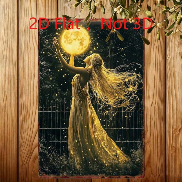 CIFbuy 复古女神手持满月繁星夜锡制装饰牌，天体艺术风格 8x12 英寸（TikTok, temu 自提物流）-2