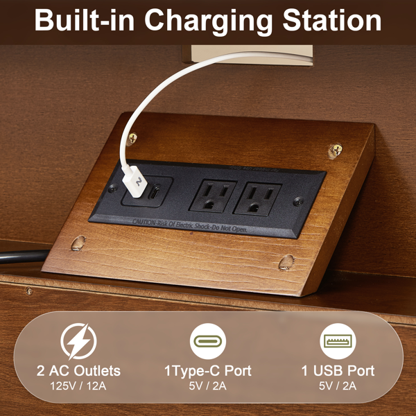 Farmhouse Nightstand with Charging Station, 2-Drawer Engineered Wood Storage Cabinet, Bedside Table for Bedroom-4