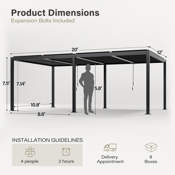 12' x 20'现代风格凉亭，带可调节百叶窗，适用于户外顶棚、花园，组装简便，经久耐用，炭灰色-3