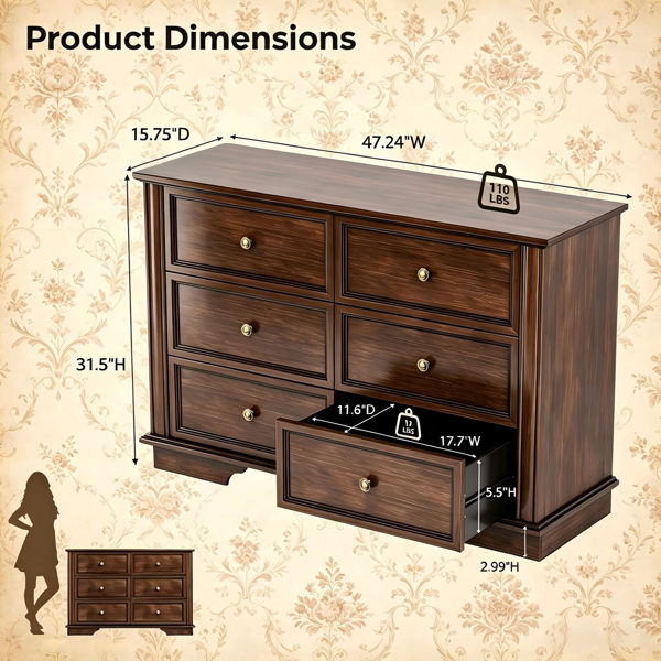 （AM禁售）双排6抽屉斗柜 密度板喷漆抽屉柜 120*40*80cm 棕色-3