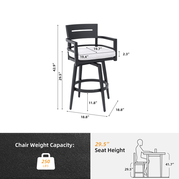 Modern Outdoor 2-Piece Swivel Bar Chairs – Aluminum Frame with Ember Black, 360° Swivel, Ergonomic Backrest & Armrests, Tapered Legs, Sunbrella Cushion, Weather-Resistant & Durable Patio Bar Stool-11