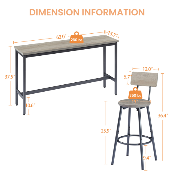 Long Bar Table Set with 3 PU Upholstered Bar Stools, Industrial Bar Table and Chairs for Kitchen Breakfast Table, Living Room, Banquet Hall, Rustic Gray and Black, 63″L x15.7"W x 37.5"H-4