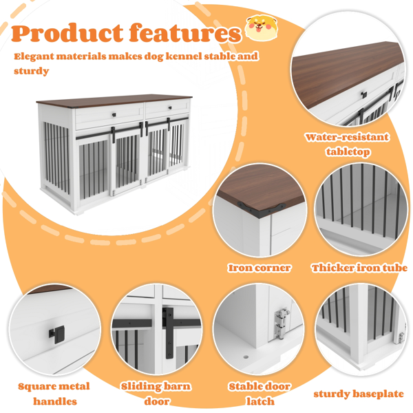 63'' Large Dog Crate Furniture for Double Dog, Wooden Dog Kennel with 2 Drawers,Divider and Sliding Door, Water Resistant Indoor Pets Furniture Style Double Dog Crates-4