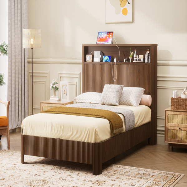 Full Extra Long(Full XL) Size bed frame with storage headboard, built-in charging station, wavy curved lines design, silent operation, metal support, Walnut-3