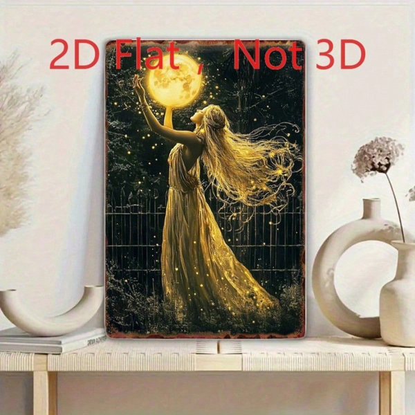 CIFbuy 复古女神手持满月繁星夜锡制装饰牌，天体艺术风格 8x12 英寸（TikTok, temu 自提物流）-3