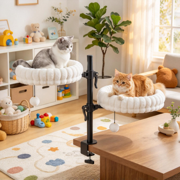 室内猫桌床，猫吊床，带2张可拆卸床和2个用于桌子和窗户的挂球，最多可容纳24磅，白色-1