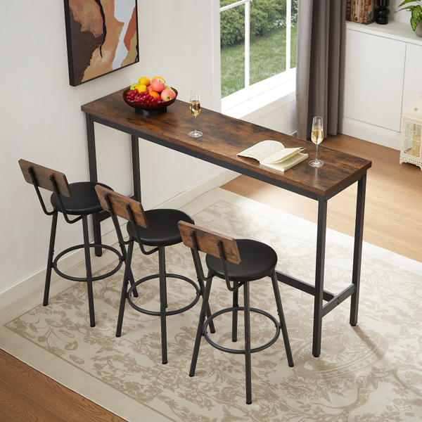 Long Bar Table Set with 3 PU Upholstered Bar Stools, Industrial Bar Table and Chairs for Kitchen Breakfast Table, Living Room, Banquet Hall, Rustic Brown and Black, 63″L x15.7"W x 37.5"H-2