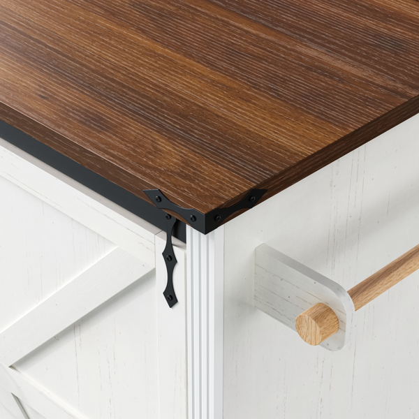 K&K 72" Farmhouse Kitchen Island with Fridge Storage Space & Power Outlet, Rolling Coffee Bar Cabinet on Wheels with 4 Drawers, Sliding Barn Door, Glass Holder, Drop Leaf, Island Kitchen Table, White-14