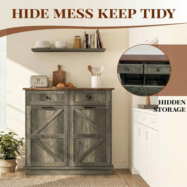 Tilt Out Trash Can Cabinet for Kitchen, Double 10-Gallon Hidden Trash Cabinet with Drawer, Farmhouse Wooden Garbage Cabinet, Dog Proof Trash Can Storage for Kitchen Laundry Living Room Office-7