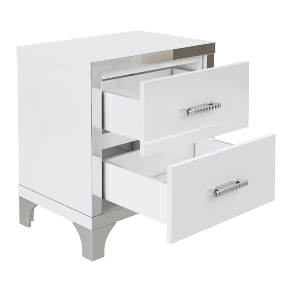 Elegant High Gloss Nightstand with Metal Handle,Mirrored Bedside Table with 2 Drawers for Bedroom,Living Room,White-7