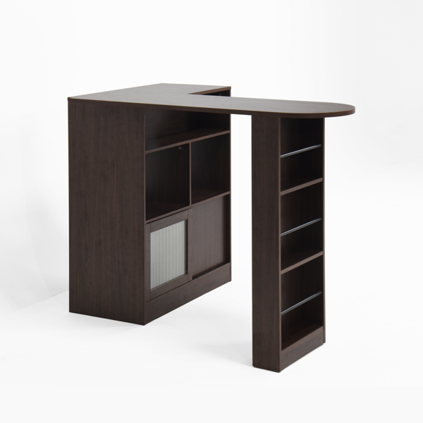 Modern Bar Cabinet with Rotating top, Counter Height Dining Cabinet with 6 Storage space and 2 Ribbed Glass Door for Kitchen, The Rotating Top with 3 Storage Shelves Dining Room, Living Room, Walnut-25