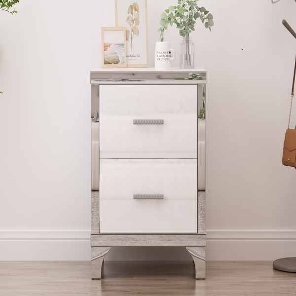 Elegant High Gloss Nightstand with Metal Handle,Mirrored Bedside Table with 2 Drawers for Bedroom,Living Room,White-11