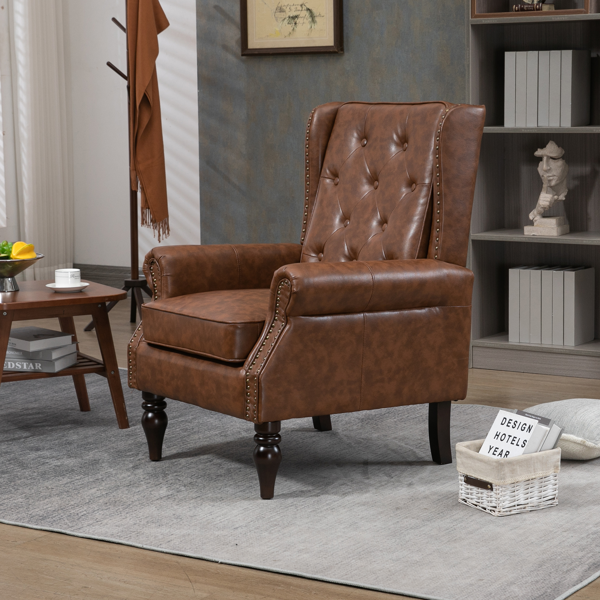 Wood Frame Armchair, Modern Accent Chair Lounge Chair with Sturdy Wood Legs for Living Room Bedroom (Brown PU)-7
