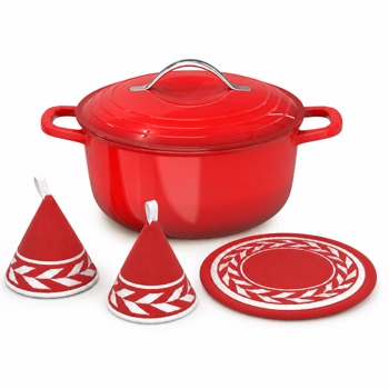 不锈钢手柄 5QT 4.7L 圆形 珐琅锅 红色渐变 含手套 隔热垫