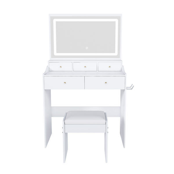 New Large Mirror Vanity Desk for Bed room  , Modern Makeup Vanity Set with Power Outlet and Hair dryer holder, 5 Drawers , 3 Lighting Color Adjustable Dressing Table for Bedroom, White Color-10