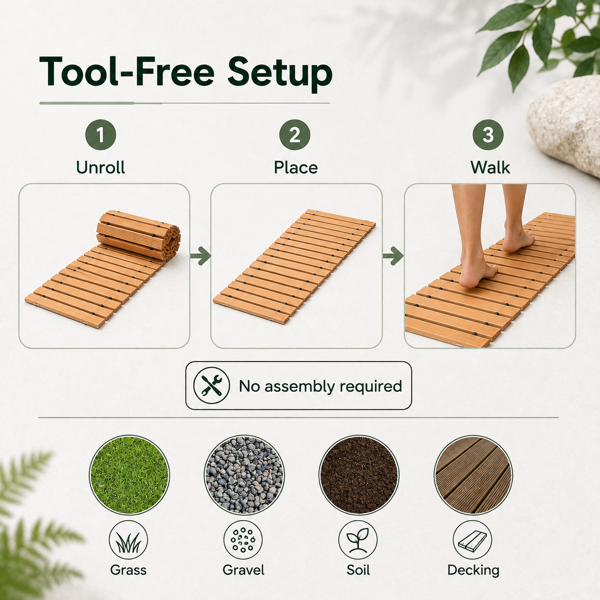 366 x 43 cmRoll-Out Wooden Walkway Mat, 1.5 cm Thick Portable Garden Pathway, Outdoor Wooden Boardwalk Path for Yard, Lawn, Beach, Patio and Camping-10