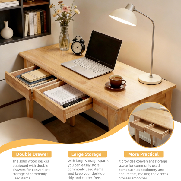 Solid Wood Desk with Drawers, Standing Desk with Smooth Edges, Home Office Desk for Small Spaces, Mid Century Modern Desk for Study, Bedroom, Living Room, Office, (Natural Wood Color)-9