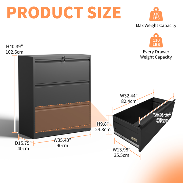 3 Drawer Lateral File Cabinet, 35.4 Inch Wide Metal Filing Cabinet, Locking Heavy Duty File Cabinet for Home Office, Anti-Tip Safety Interlock, Vertical Storage for Letter/Legal/A4 Files, Black-8