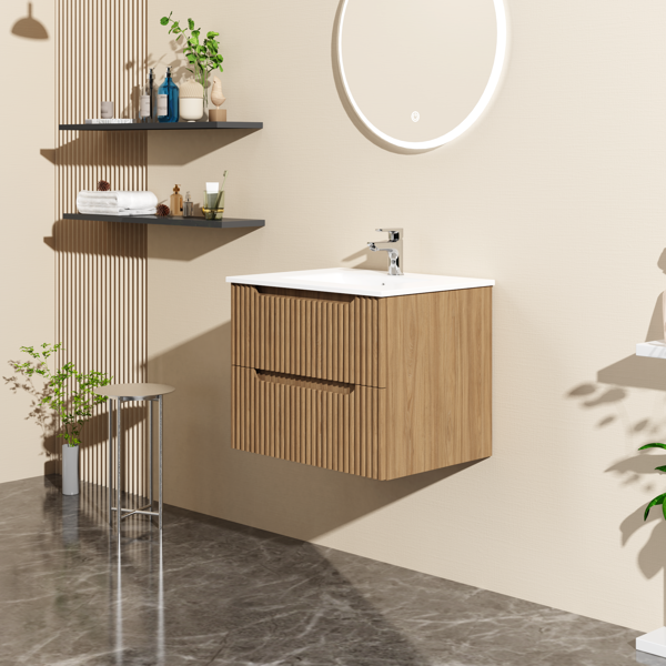 Goodyo 24" Wall-Mount Bathroom Vanity Cabinet with White Basin Sink Combo Floating, Walnut-2